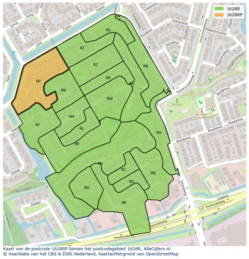 Afbeelding van het postcodegebied 1628 RP op de kaart.