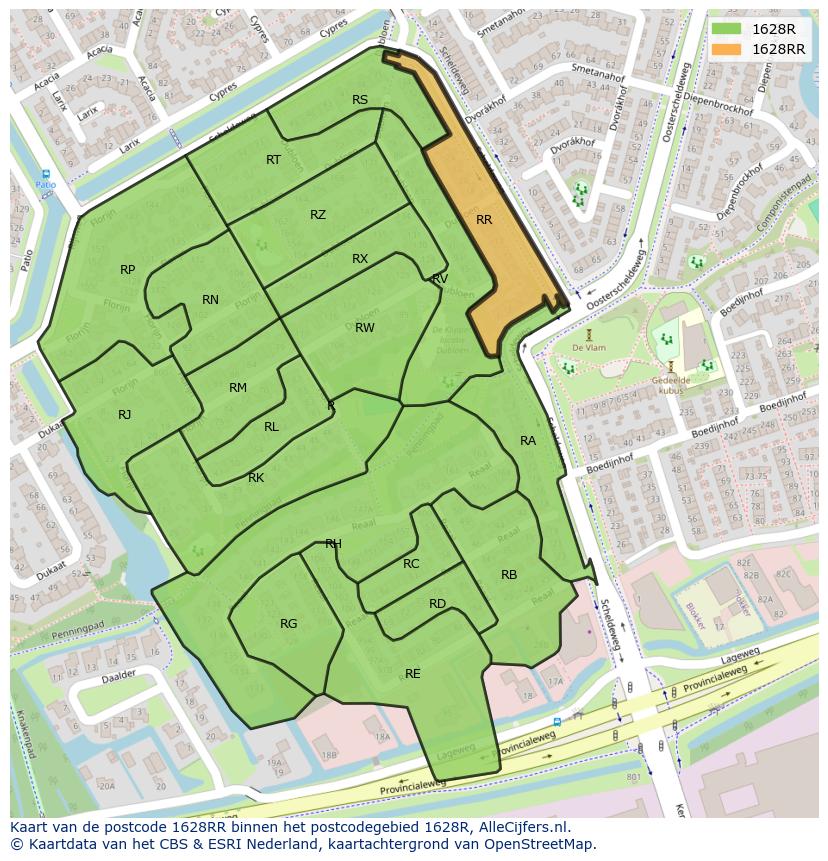 Afbeelding van het postcodegebied 1628 RR op de kaart.