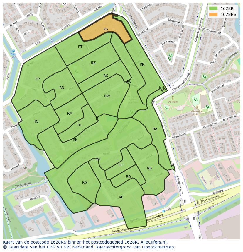 Afbeelding van het postcodegebied 1628 RS op de kaart.
