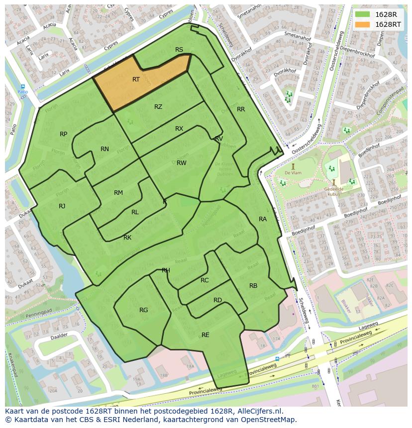 Afbeelding van het postcodegebied 1628 RT op de kaart.