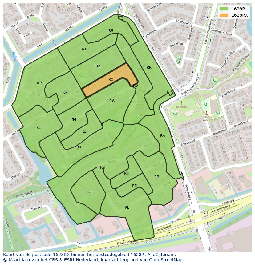 Afbeelding van het postcodegebied 1628 RX op de kaart.