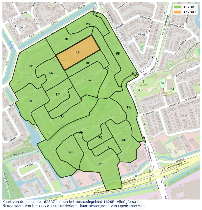 Afbeelding van het postcodegebied 1628 RZ op de kaart.