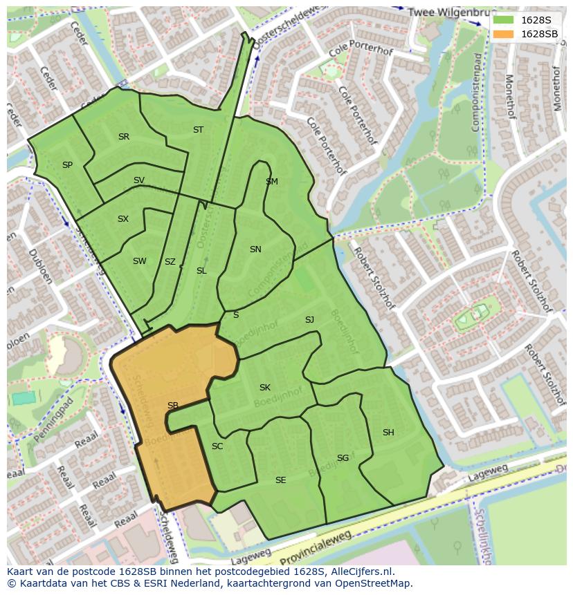 Afbeelding van het postcodegebied 1628 SB op de kaart.