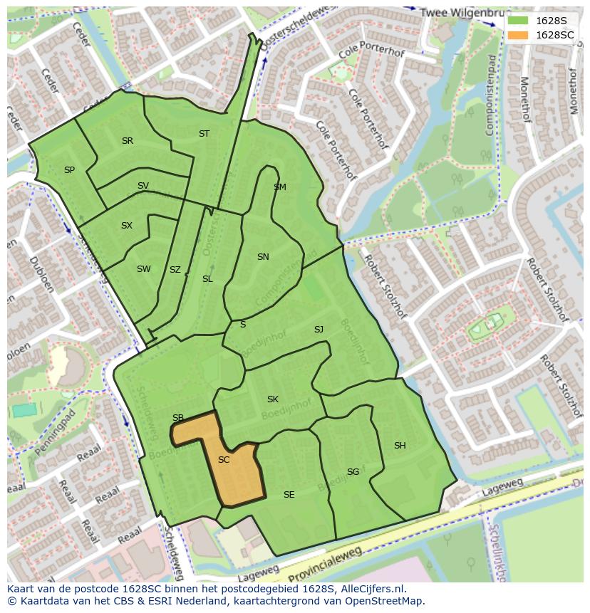 Afbeelding van het postcodegebied 1628 SC op de kaart.