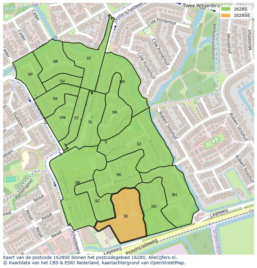 Afbeelding van het postcodegebied 1628 SE op de kaart.