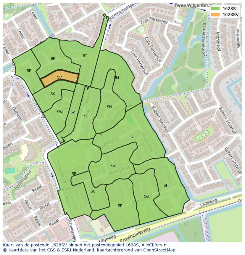 Afbeelding van het postcodegebied 1628 SV op de kaart.