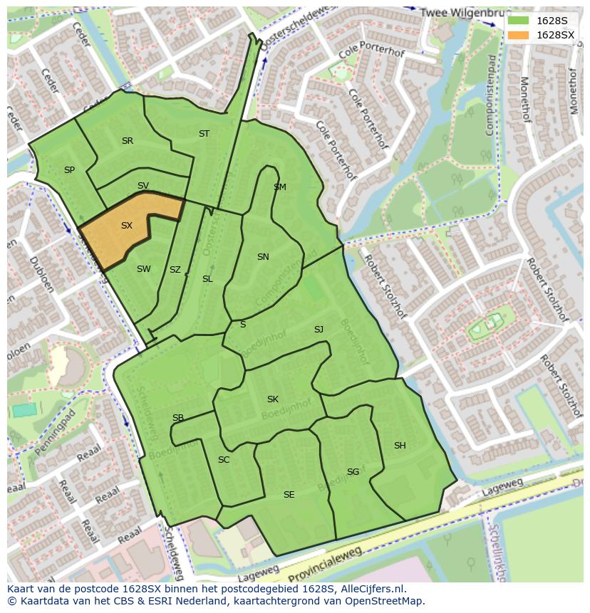 Afbeelding van het postcodegebied 1628 SX op de kaart.