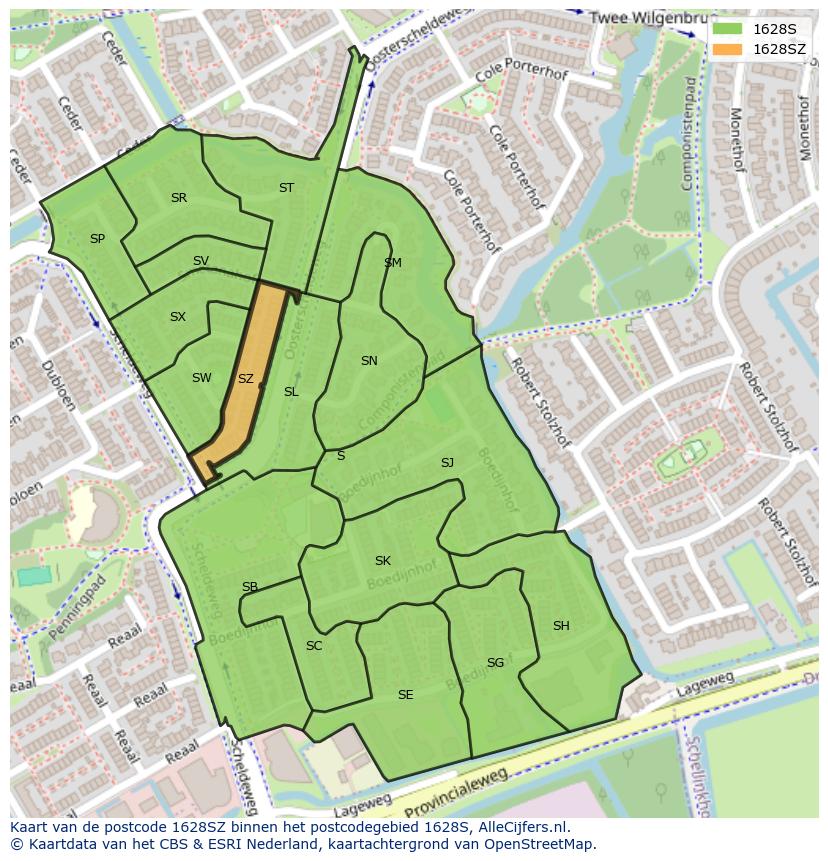 Afbeelding van het postcodegebied 1628 SZ op de kaart.