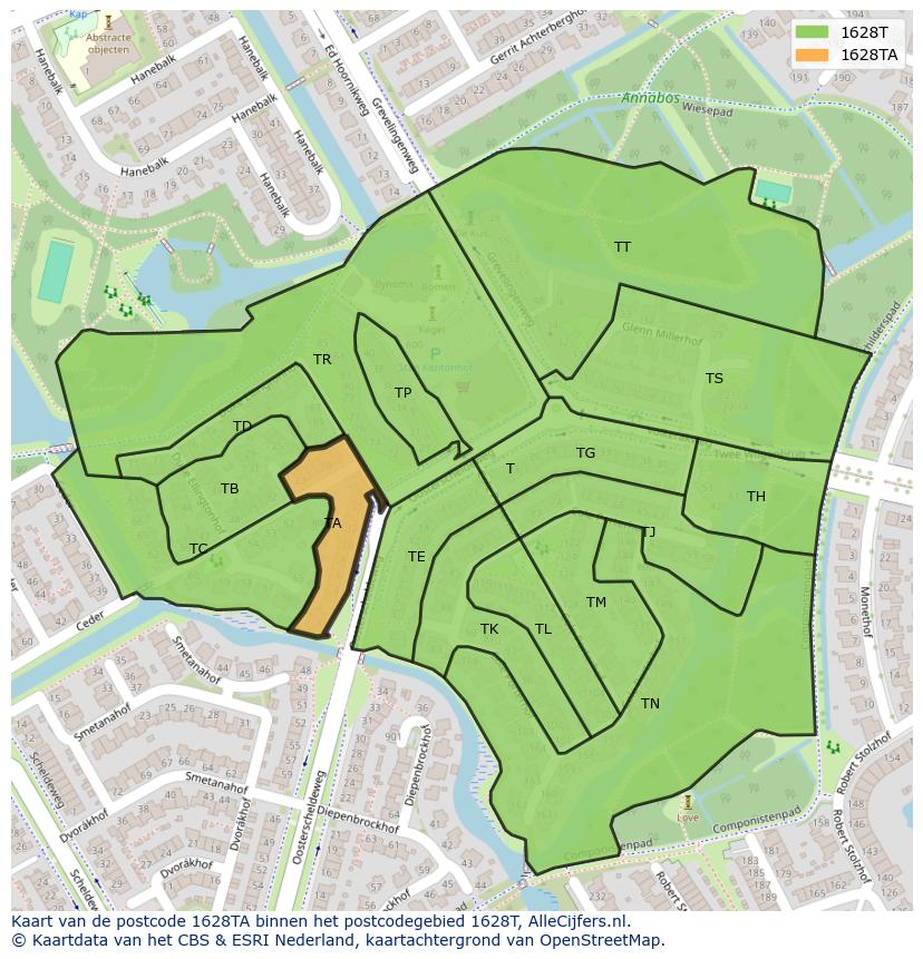 Afbeelding van het postcodegebied 1628 TA op de kaart.