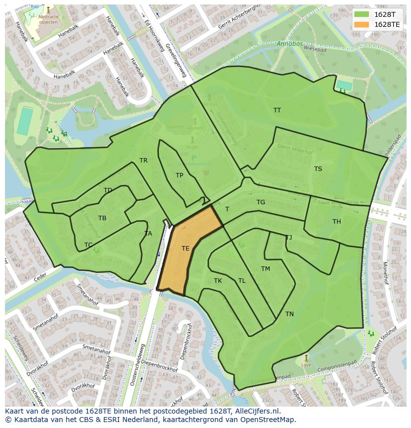 Afbeelding van het postcodegebied 1628 TE op de kaart.