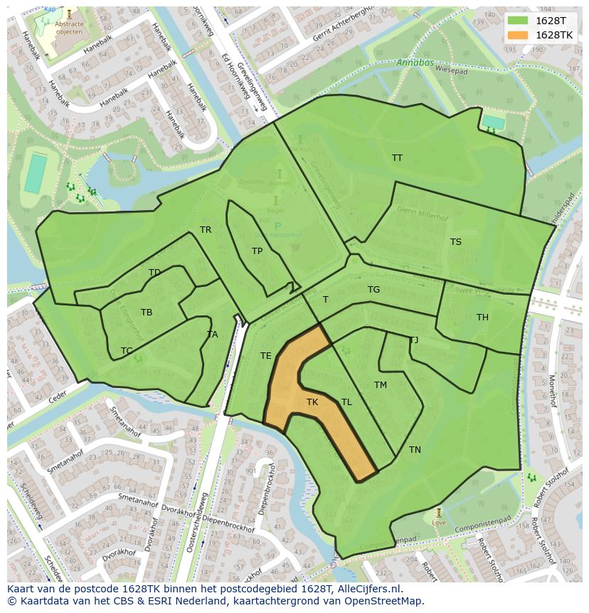 Afbeelding van het postcodegebied 1628 TK op de kaart.
