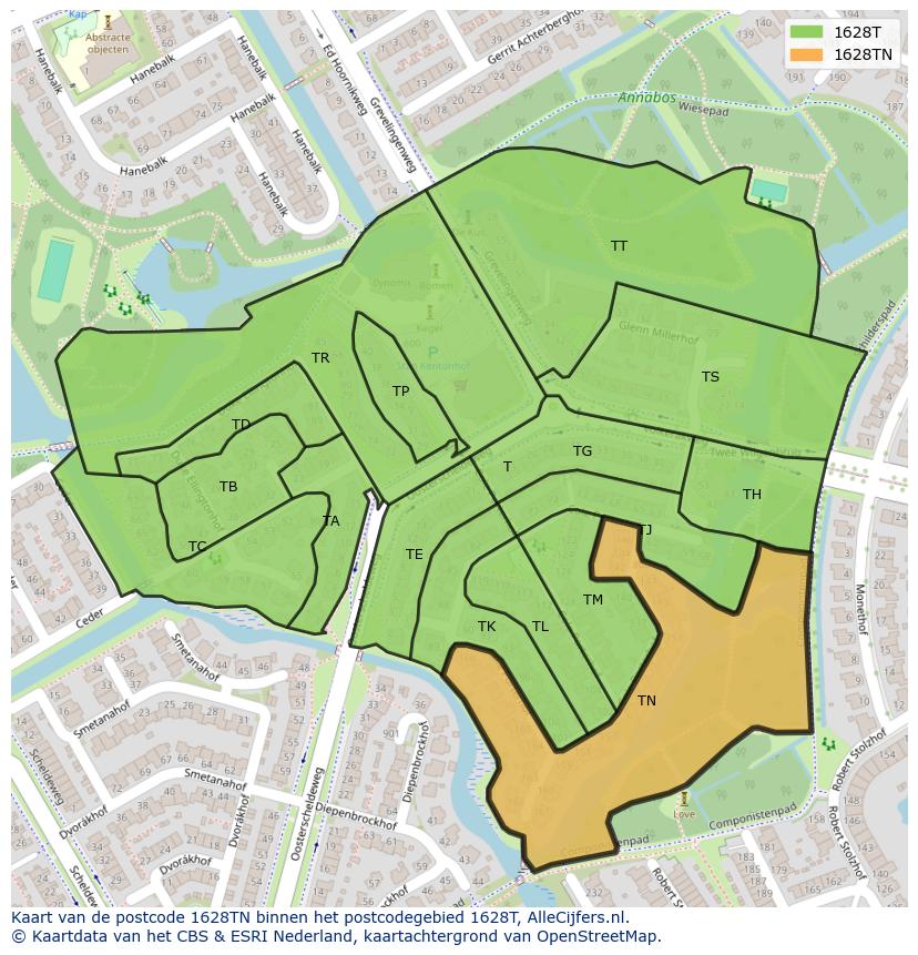 Afbeelding van het postcodegebied 1628 TN op de kaart.