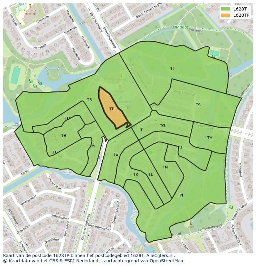 Afbeelding van het postcodegebied 1628 TP op de kaart.