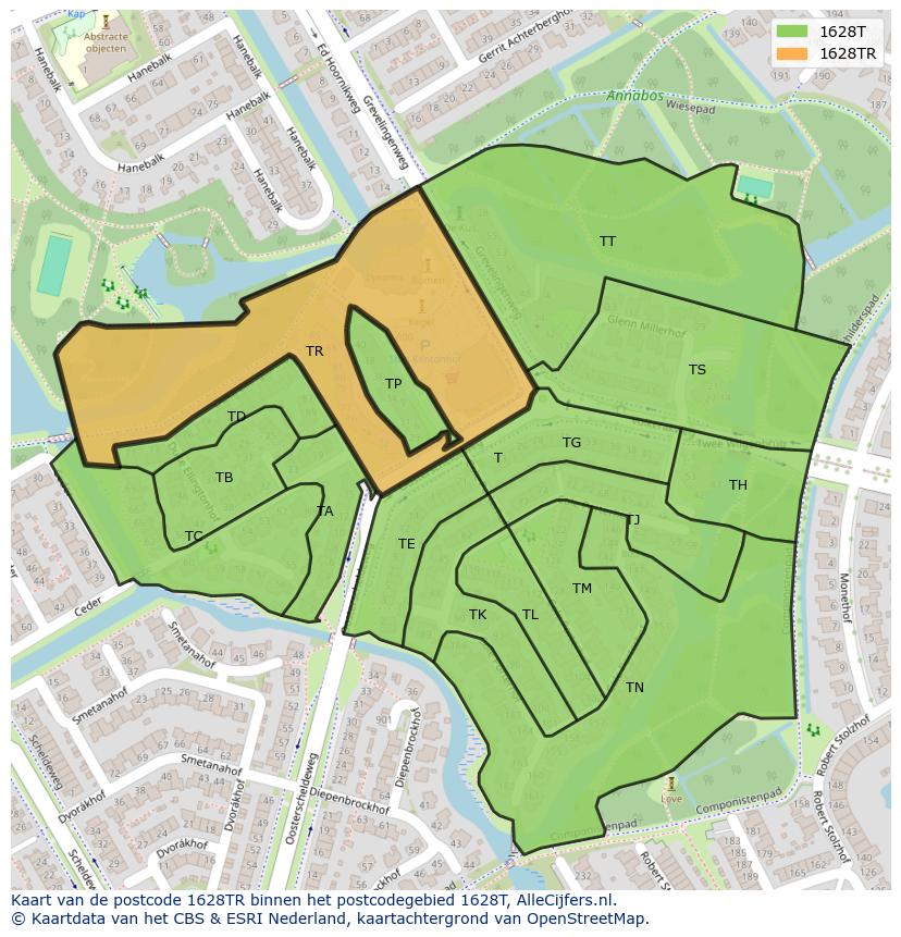 Afbeelding van het postcodegebied 1628 TR op de kaart.