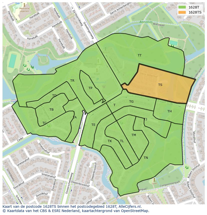 Afbeelding van het postcodegebied 1628 TS op de kaart.