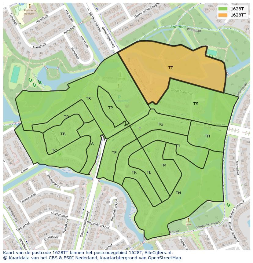 Afbeelding van het postcodegebied 1628 TT op de kaart.