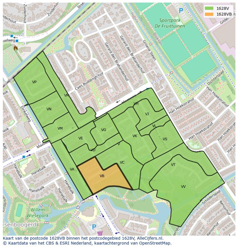 Afbeelding van het postcodegebied 1628 VB op de kaart.