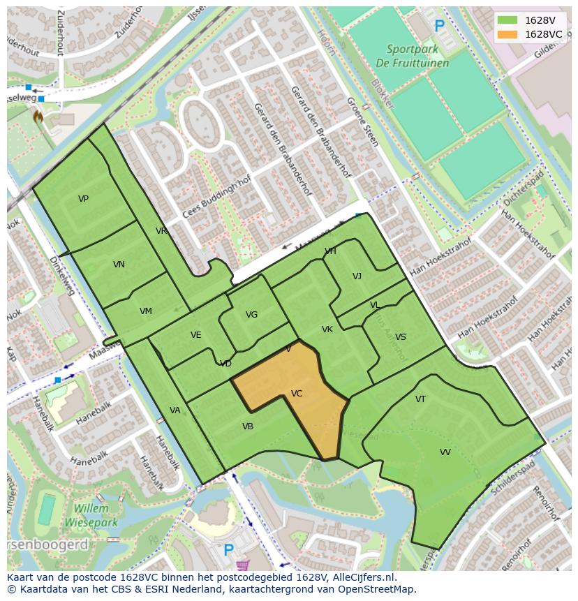 Afbeelding van het postcodegebied 1628 VC op de kaart.