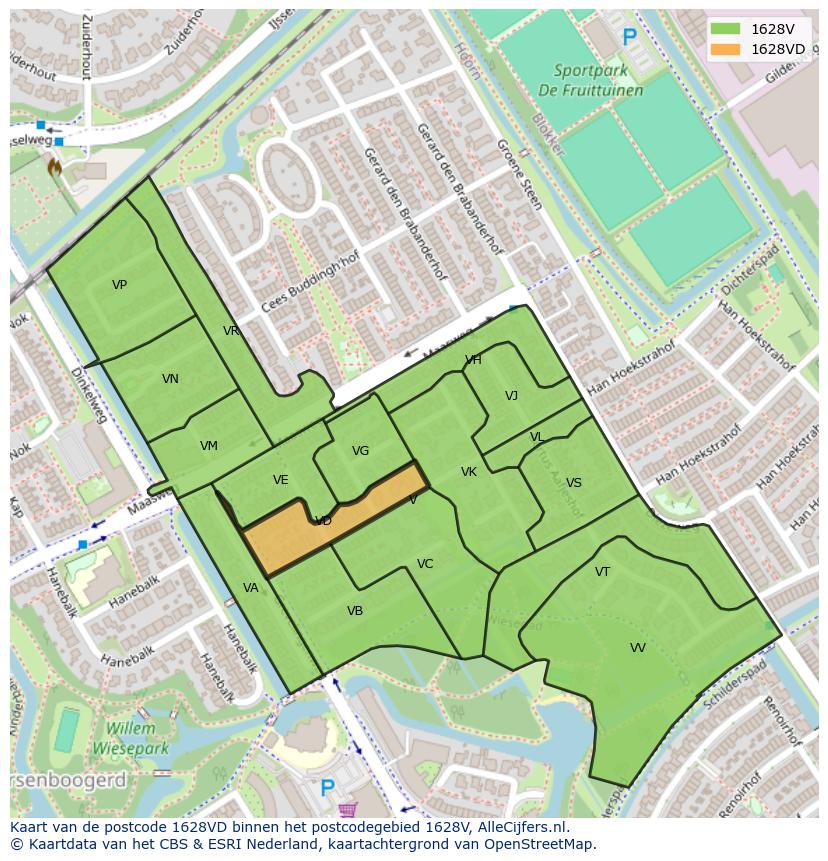 Afbeelding van het postcodegebied 1628 VD op de kaart.