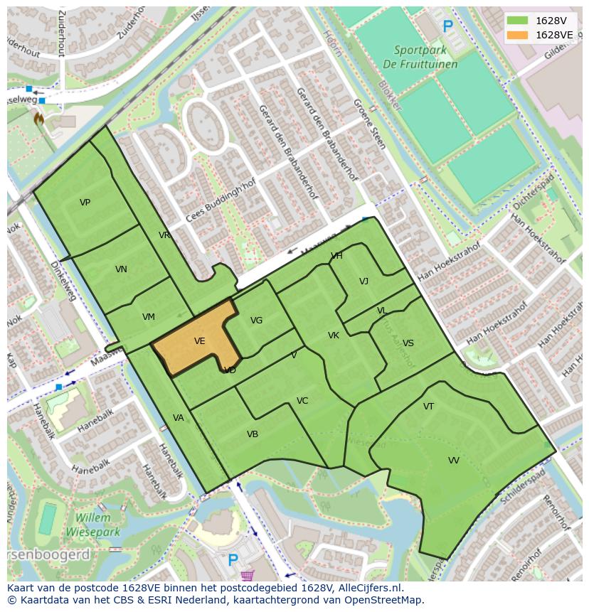 Afbeelding van het postcodegebied 1628 VE op de kaart.