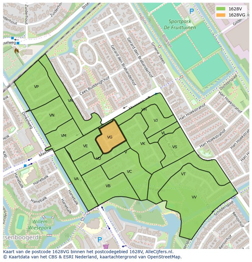 Afbeelding van het postcodegebied 1628 VG op de kaart.