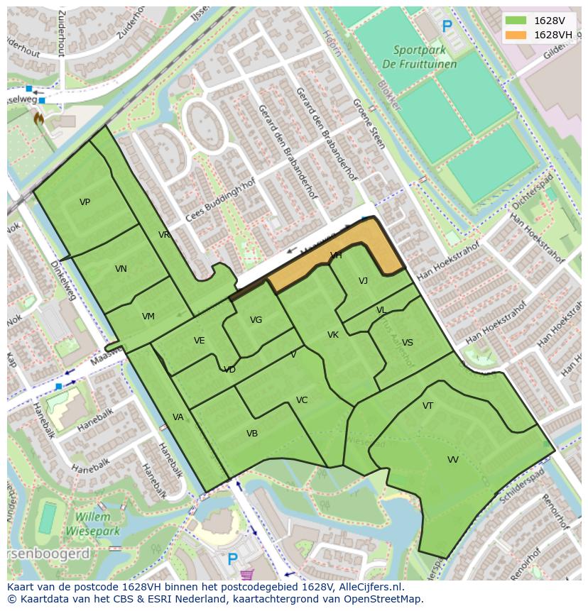Afbeelding van het postcodegebied 1628 VH op de kaart.