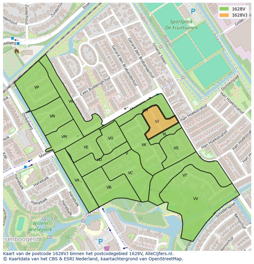 Afbeelding van het postcodegebied 1628 VJ op de kaart.