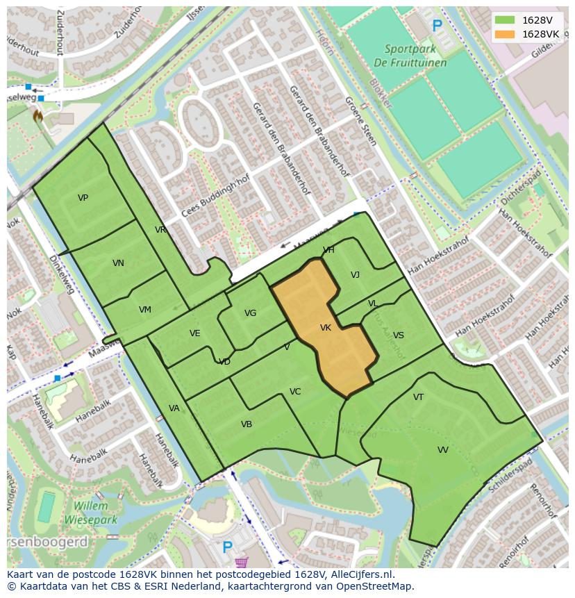 Afbeelding van het postcodegebied 1628 VK op de kaart.