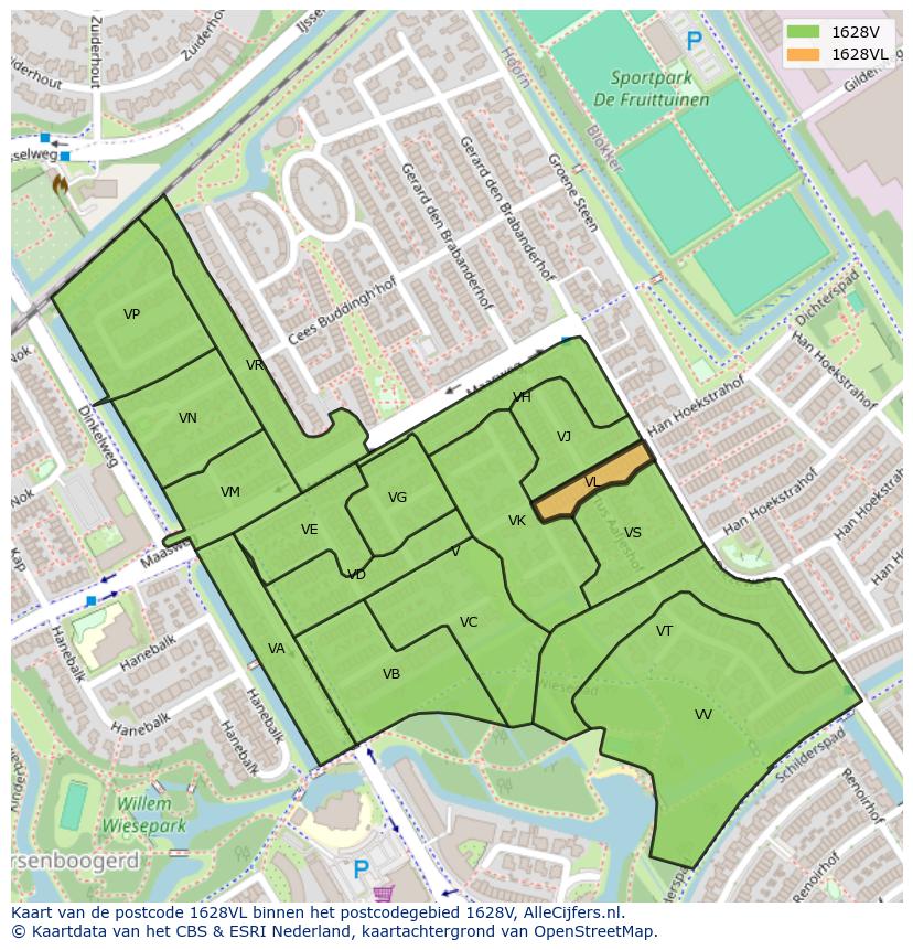 Afbeelding van het postcodegebied 1628 VL op de kaart.