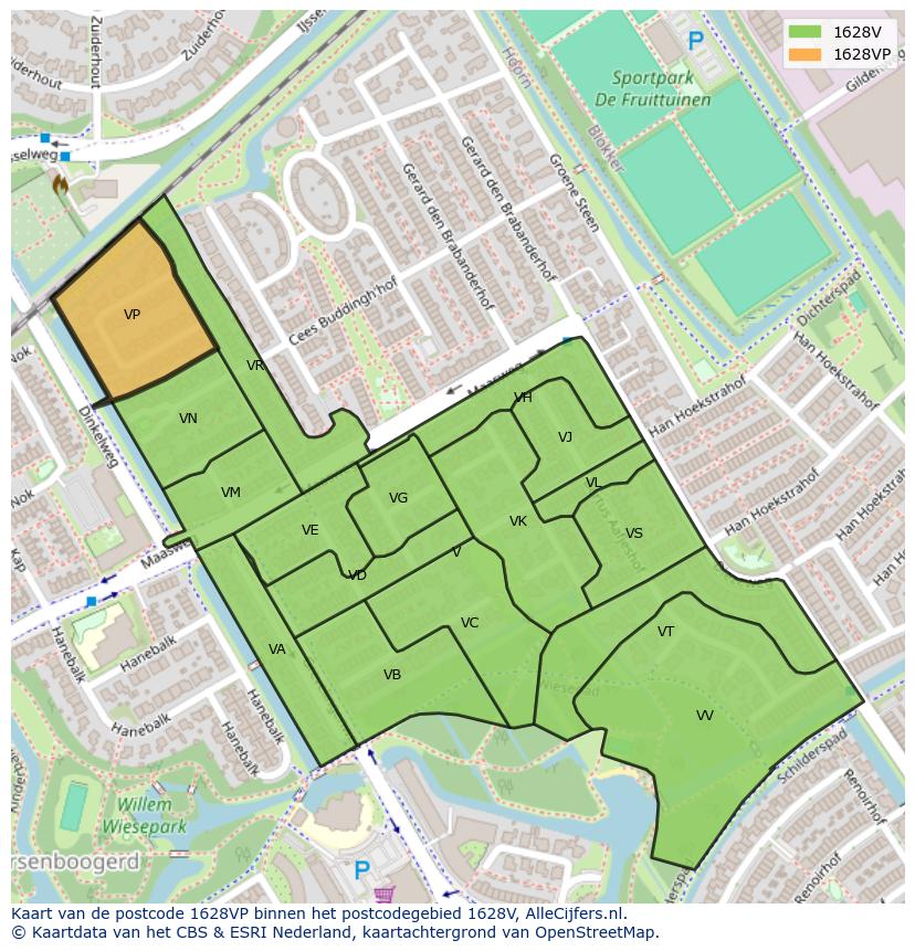 Afbeelding van het postcodegebied 1628 VP op de kaart.