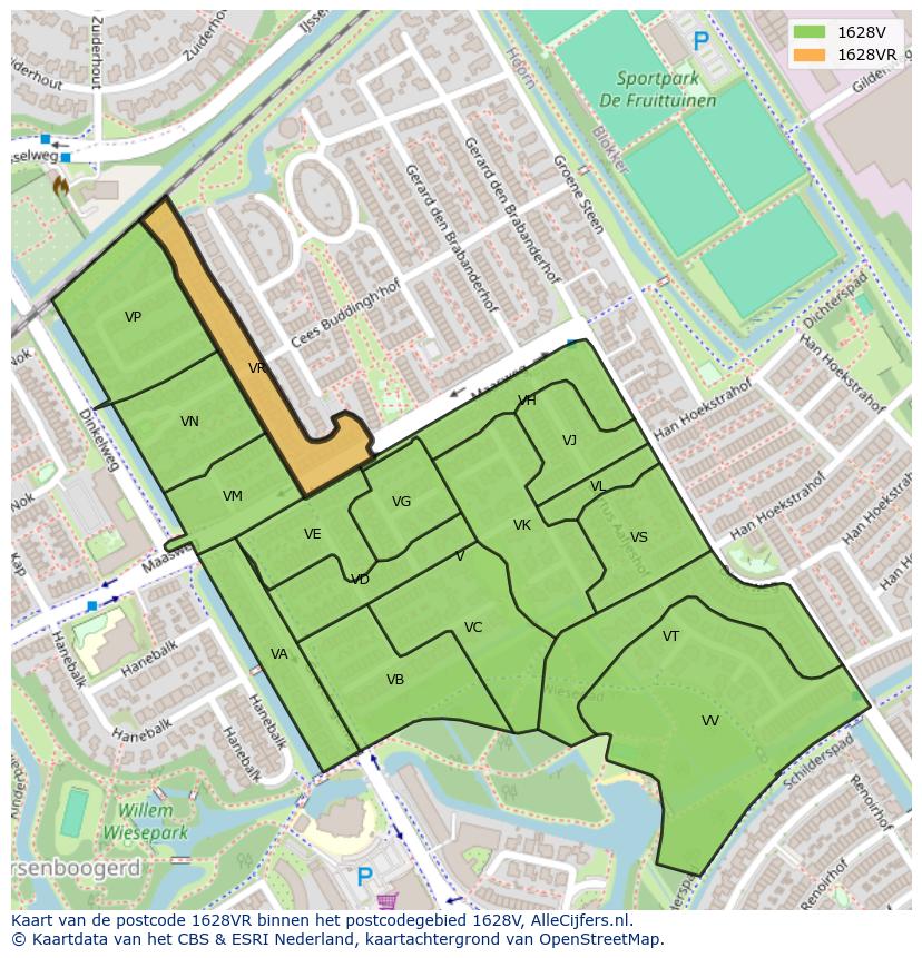 Afbeelding van het postcodegebied 1628 VR op de kaart.