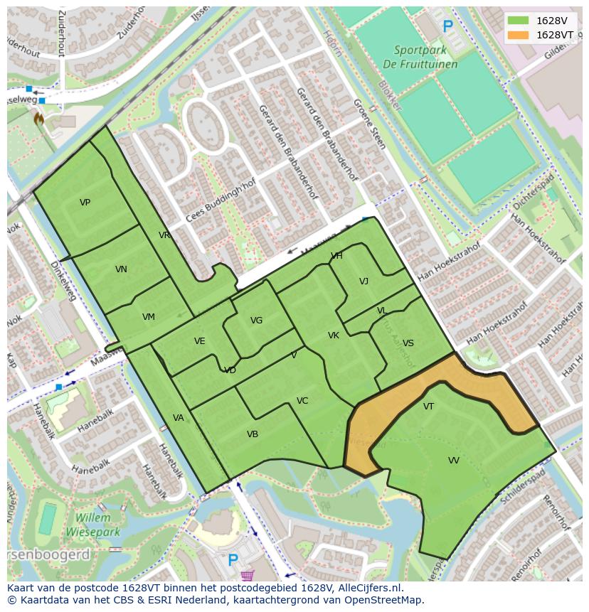 Afbeelding van het postcodegebied 1628 VT op de kaart.