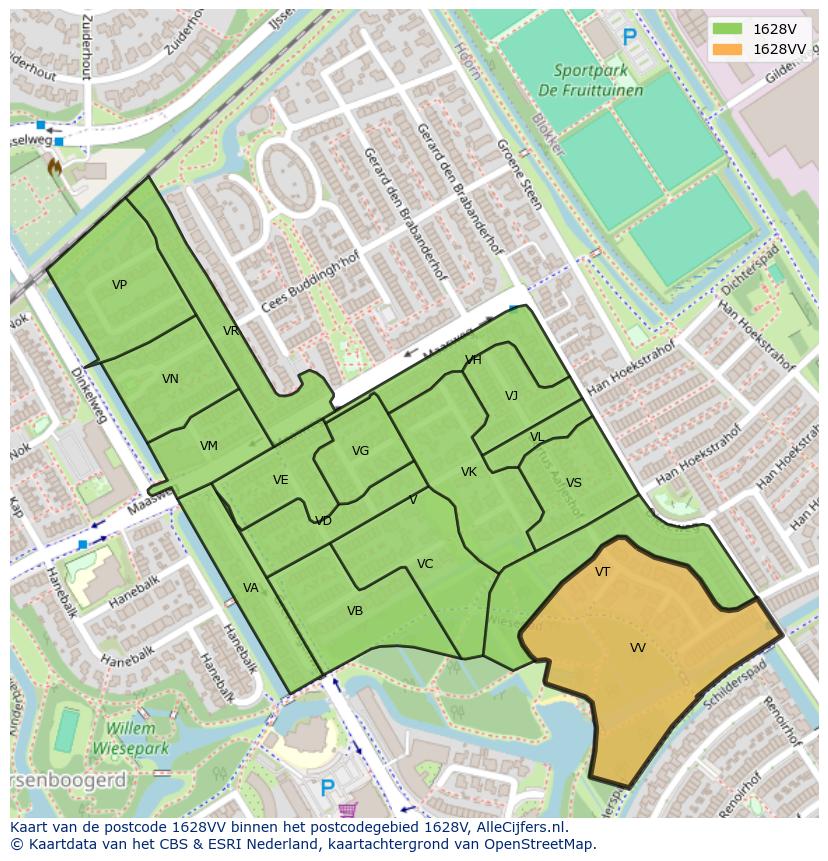 Afbeelding van het postcodegebied 1628 VV op de kaart.