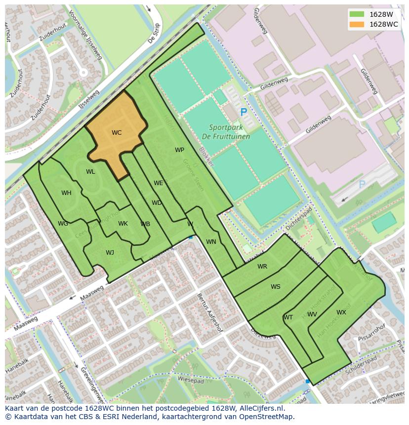 Afbeelding van het postcodegebied 1628 WC op de kaart.