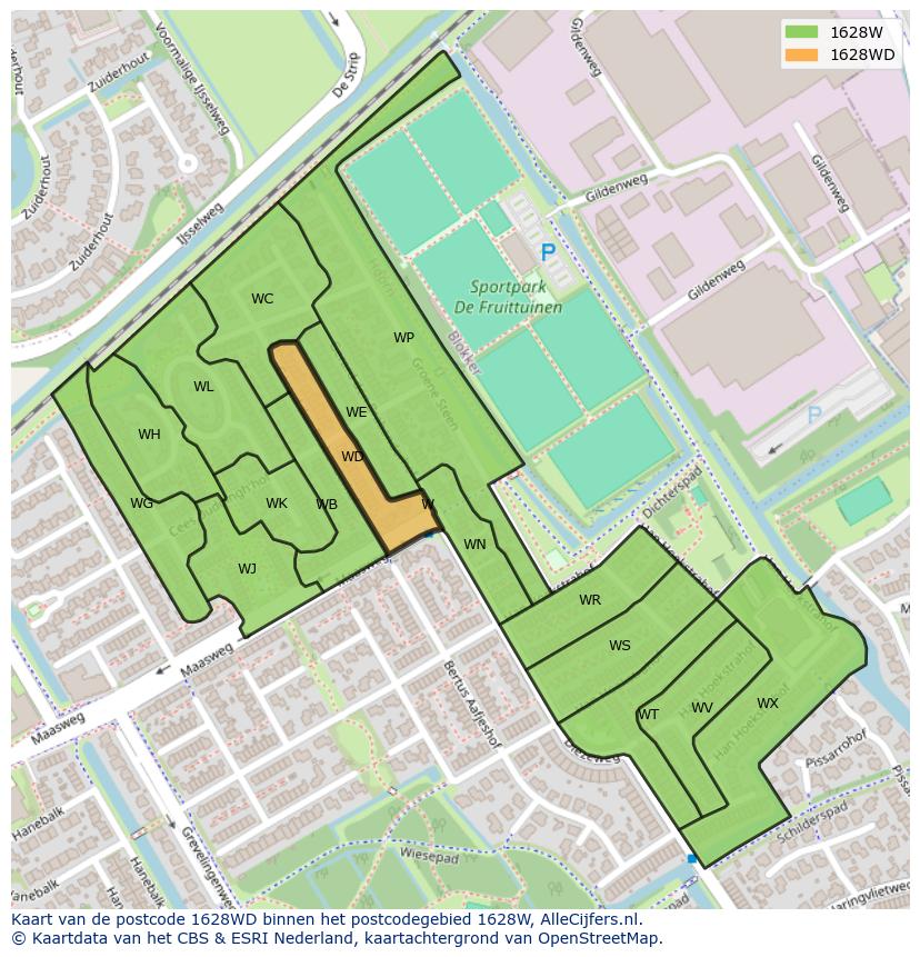 Afbeelding van het postcodegebied 1628 WD op de kaart.