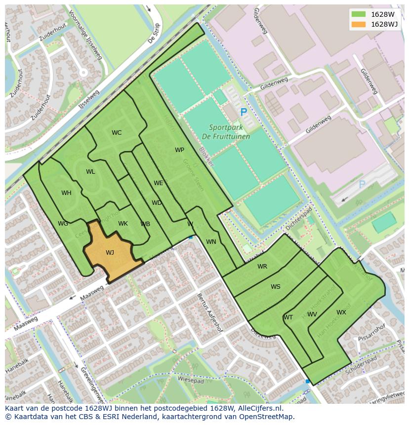 Afbeelding van het postcodegebied 1628 WJ op de kaart.