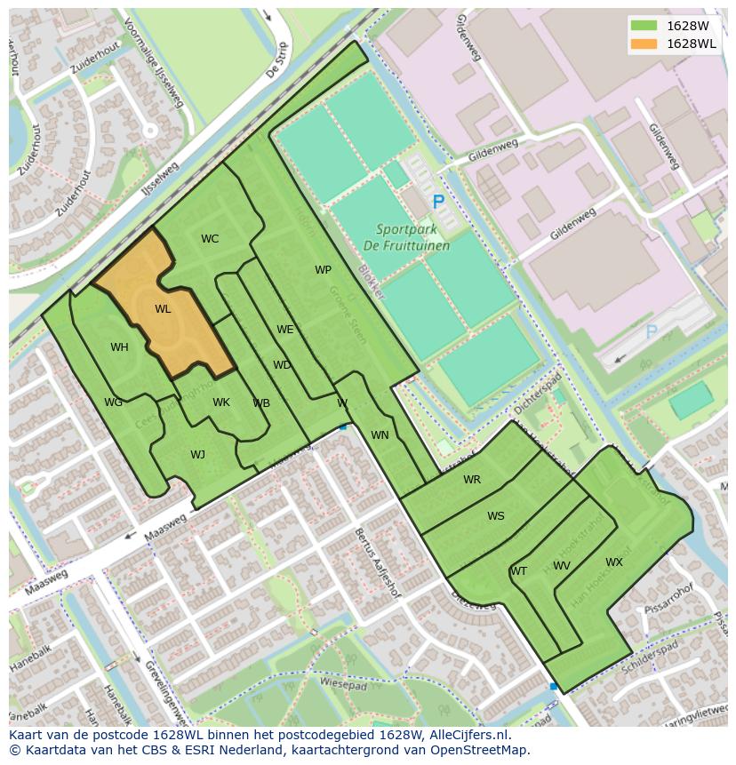Afbeelding van het postcodegebied 1628 WL op de kaart.