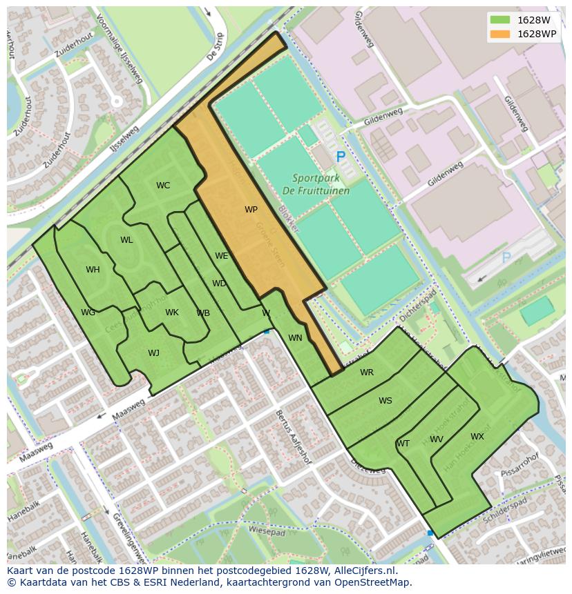 Afbeelding van het postcodegebied 1628 WP op de kaart.