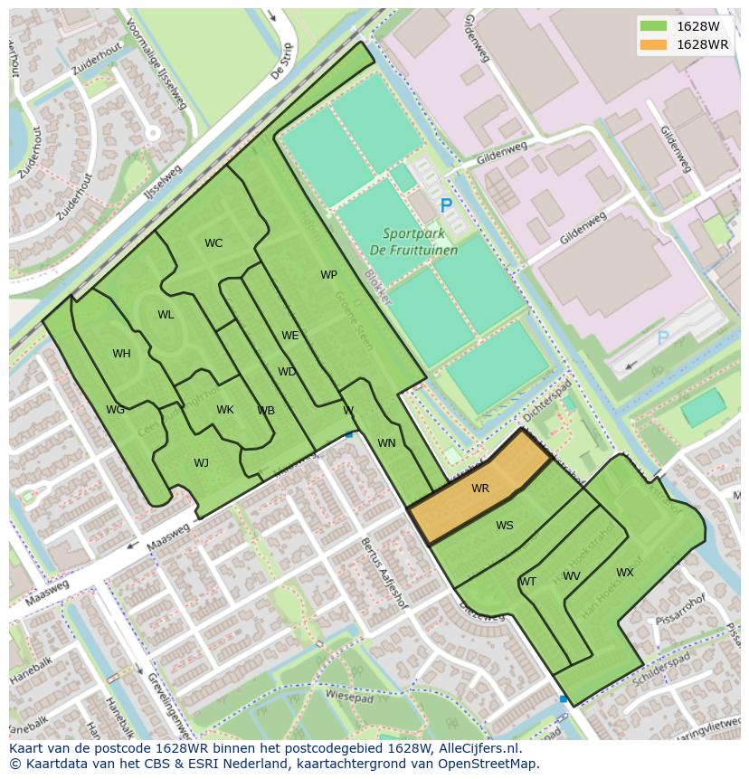 Afbeelding van het postcodegebied 1628 WR op de kaart.
