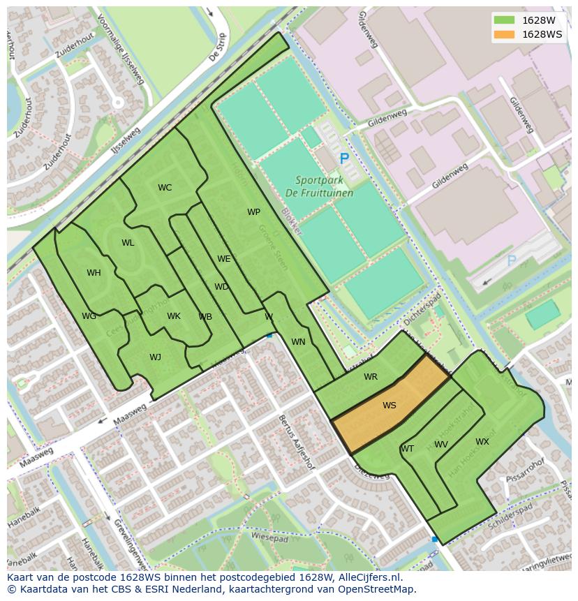 Afbeelding van het postcodegebied 1628 WS op de kaart.