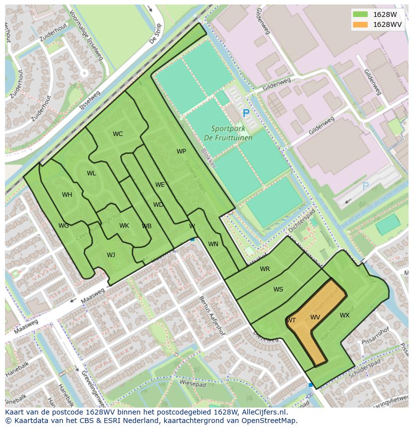 Afbeelding van het postcodegebied 1628 WV op de kaart.