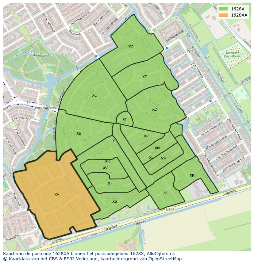 Afbeelding van het postcodegebied 1628 XA op de kaart.