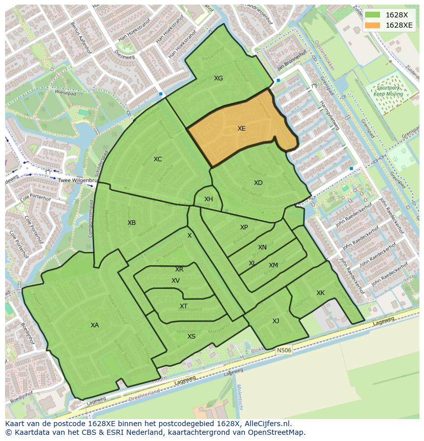 Afbeelding van het postcodegebied 1628 XE op de kaart.