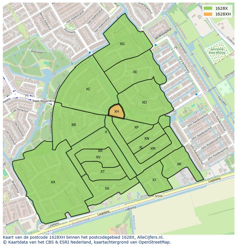 Afbeelding van het postcodegebied 1628 XH op de kaart.