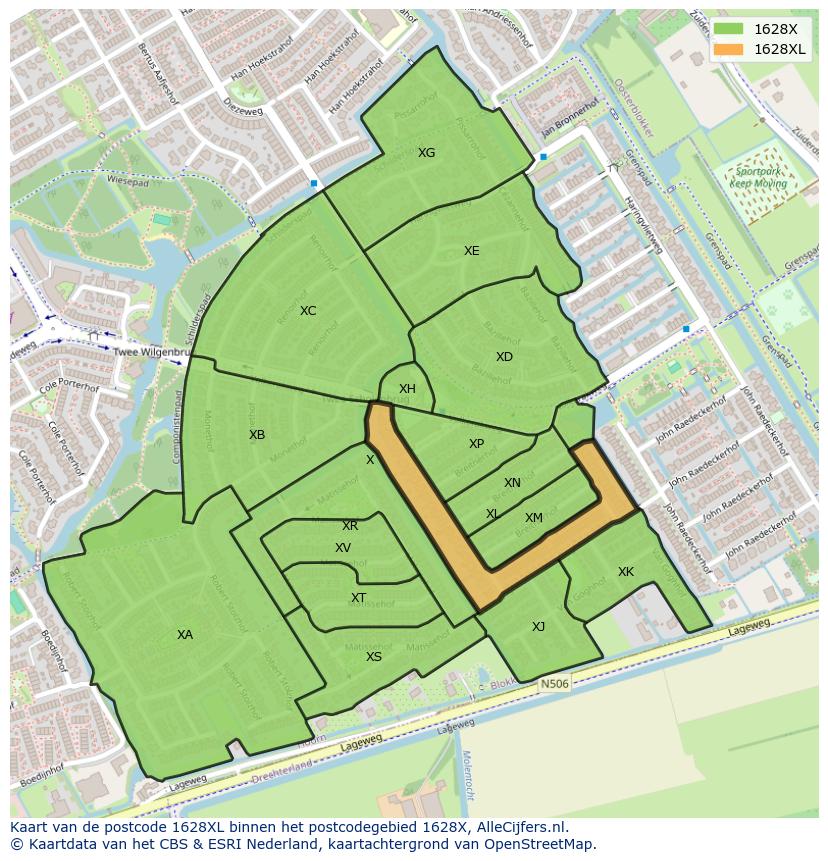 Afbeelding van het postcodegebied 1628 XL op de kaart.
