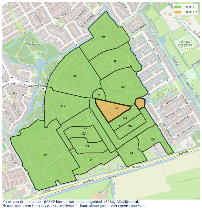 Afbeelding van het postcodegebied 1628 XP op de kaart.