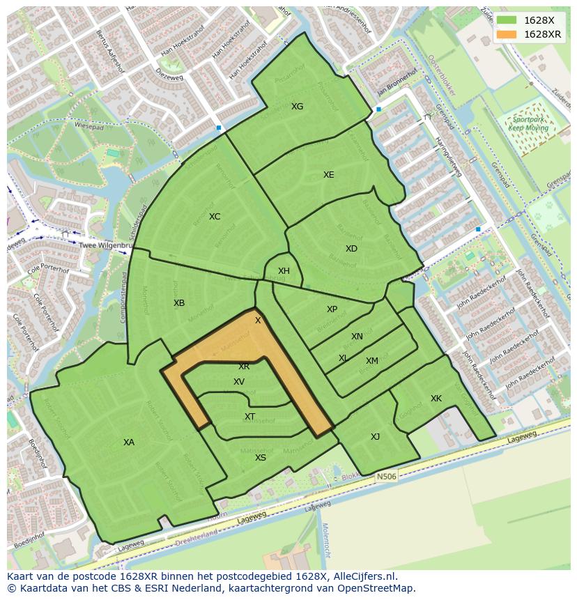 Afbeelding van het postcodegebied 1628 XR op de kaart.