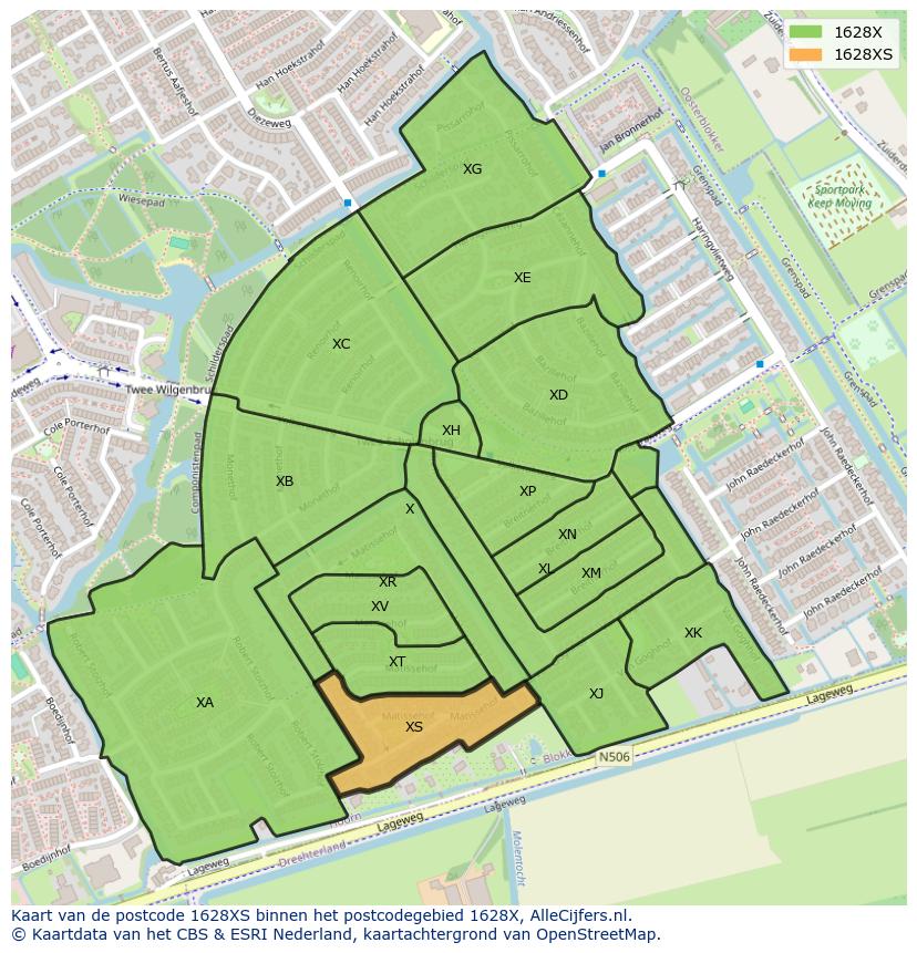 Afbeelding van het postcodegebied 1628 XS op de kaart.