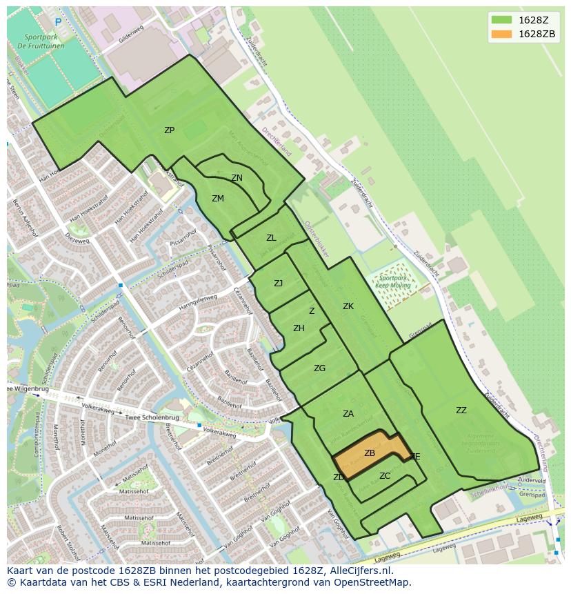 Afbeelding van het postcodegebied 1628 ZB op de kaart.