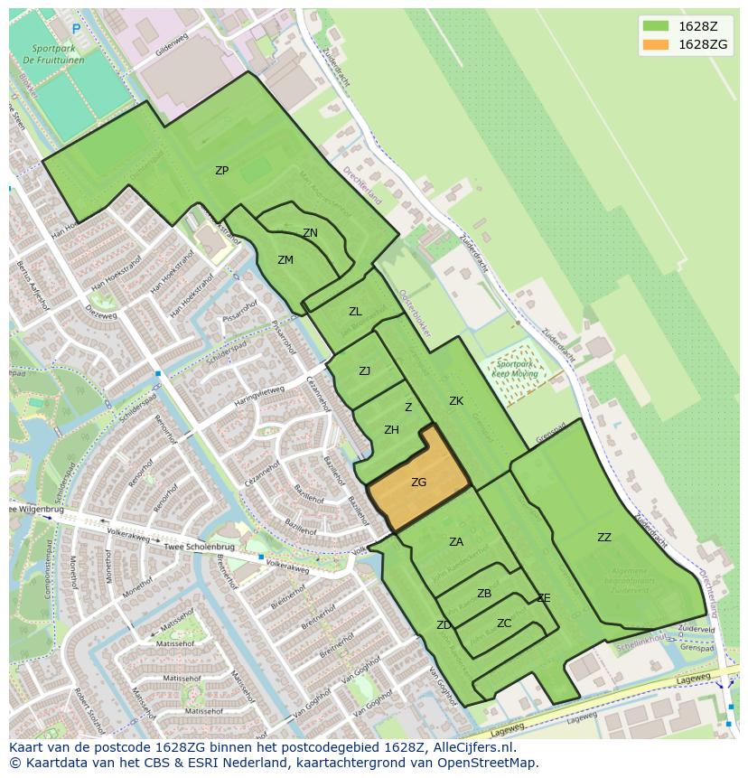Afbeelding van het postcodegebied 1628 ZG op de kaart.